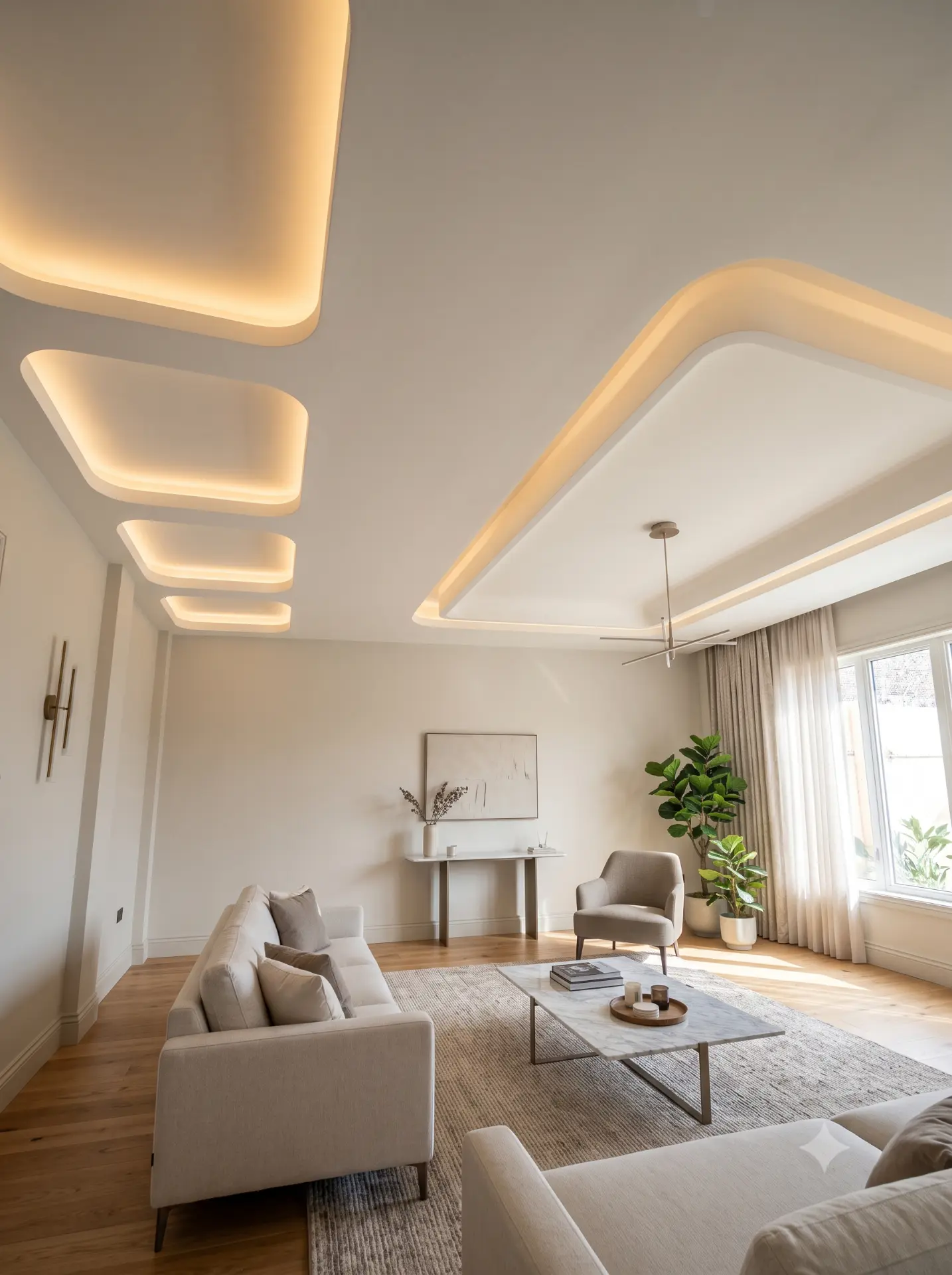 Living room with warm recessed ceiling lighting and contemporary furnishings