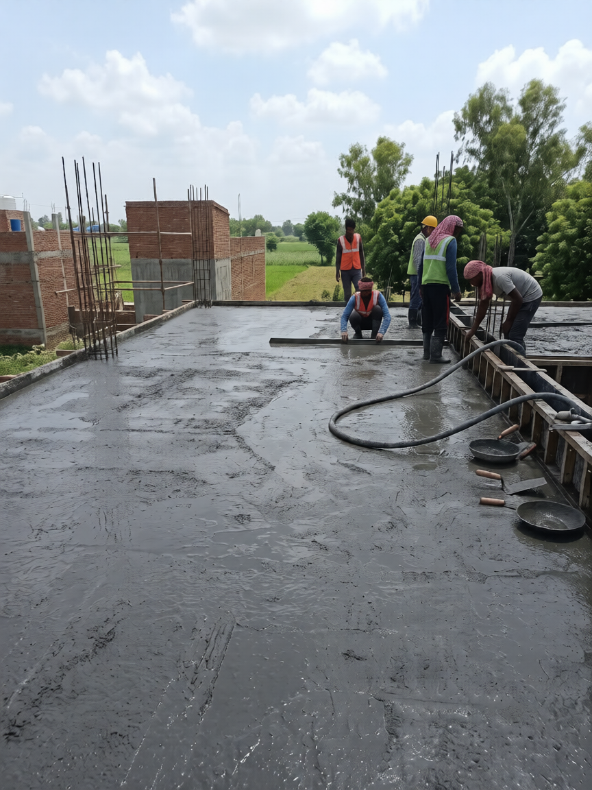 Workers pouring and finishing a concrete roof slab
